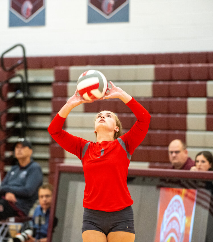 Chatham Central&rsquo;s Kelsey Hussey sets the ball abasing Seaforth during a conference match at Seaforth high school in Pittsboro, NC on August 24, 2023.  PJ WARD-BROWN/NORTH STATE JOURNAL