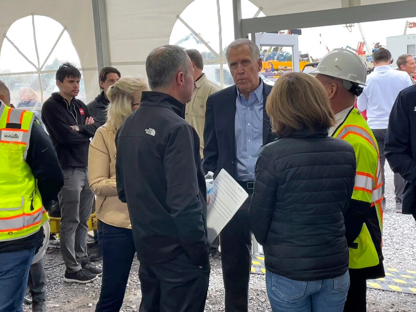 Sen. Thom Tillis (R-N.C.) speaks after a topping-off ceremony at the newly built Wolfspeed factory in Siler City in March.