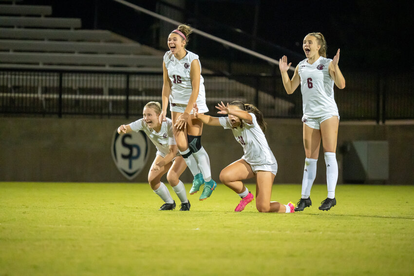 Seaforth&rsquo;s Carsyn Ward, Regan Willauer, Sofia Viana , and Emma O&rsquo;Rourke reacts to the game winning PK agianst Pine Lake Prep in the NCHSAA 2A State Championship at the Mecklenburg County SportsPlex in Matthews, NC on June 1st, 2024.
