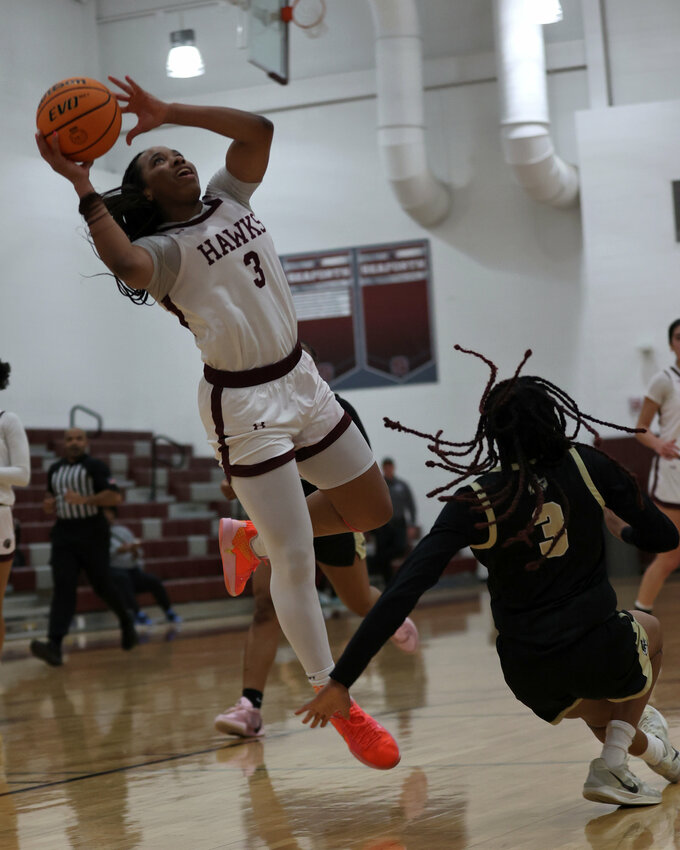 Seaforth&rsquo;s Gabby White (3) puts up an off-balanced shot during the Hawks&rsquo; playoff win over Clinton