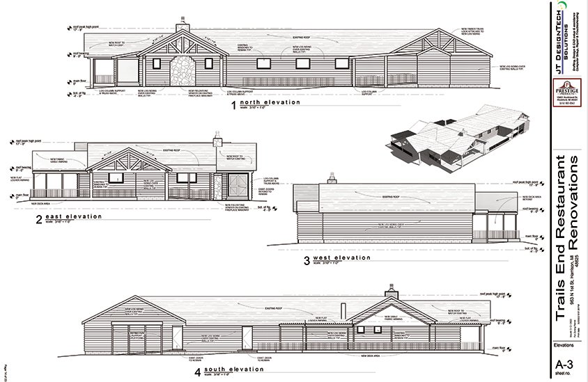 These elevation, exterior and footprint renderings give an idea of how the remodeling of Trails End Pub in Harrison will turn the current building into a dynamic, multi-faceted customer-accommodating establishment.
