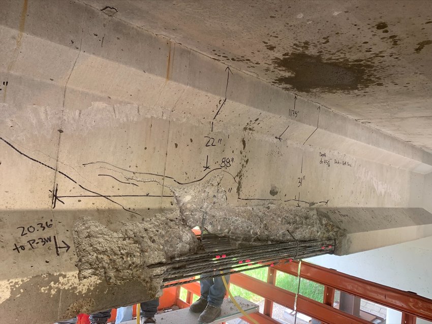 Concrete beam damage to the Vernon Road overpass at US-127 in Isabella County, sustained after a high-load hit on June 1.