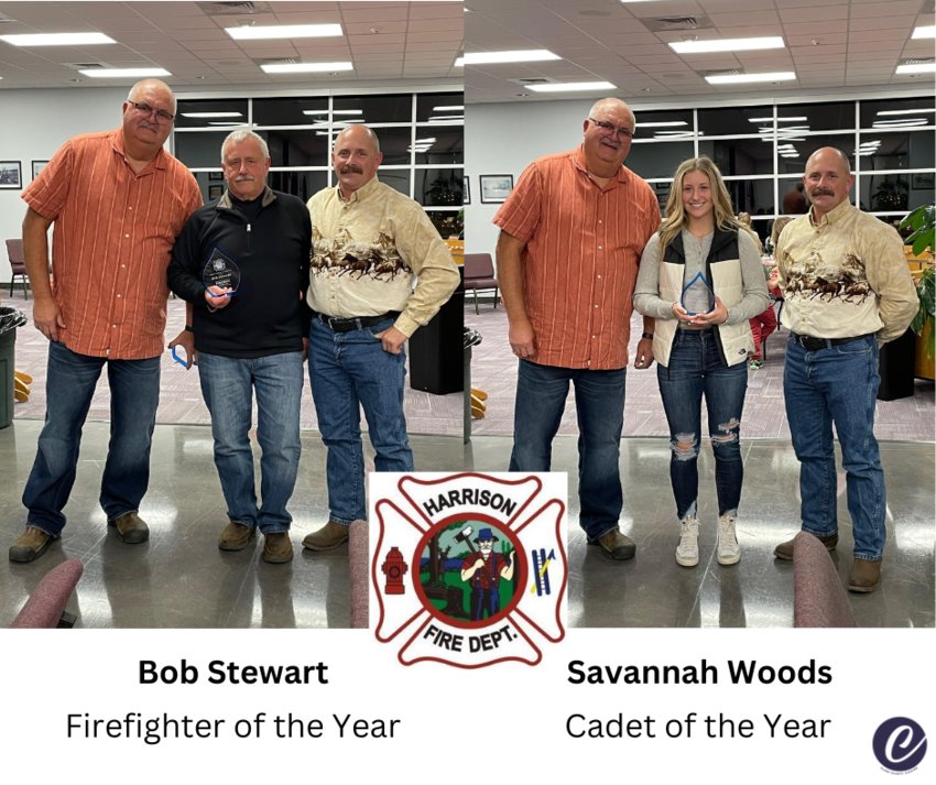 Chief Chris Damvelt (left) and Assistant Chief John Loy (right) pose with Bob Stewart and Savannah Woods, name Firefighter and Cadet of the year by a vote of their peers.