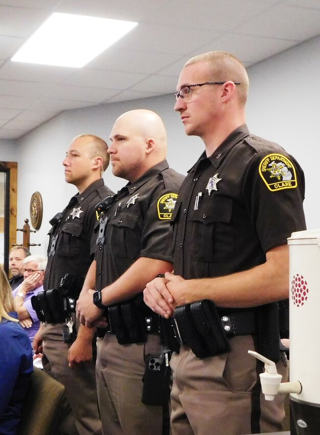 The three new Clare County deputies introduced to commissioners May 17 are, from left, Nathan Bladecki, Ryan Newcomb and Dave Chinavare.