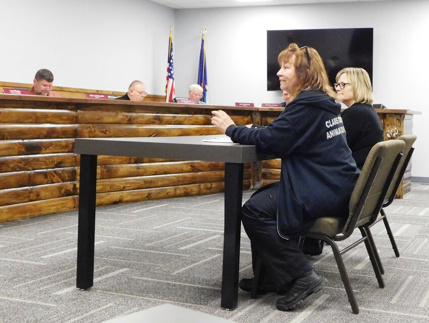 Rudi Hicks, Clare County Animal Control director, and Tara Westphal, Animal Control assistant, provide an update of goings on at the Clare County Animal Shelter during the June 7 meeting of the Clare County Board of Commissioners Committee of the Whole.