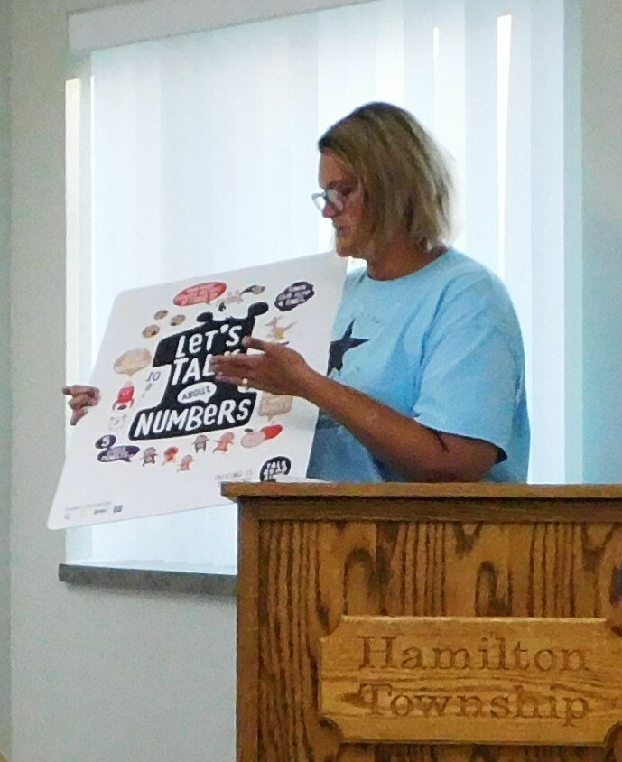 Sarah McCurdy of the Clare-Gladwin RESD shows attendees at the July 6 Hamilton Township Board meeting an example of the &ldquo;Let&rsquo;s talk about&hellip;&rdquo; signs that could be posted near the playground equipment soon to be installed at the township hall.
