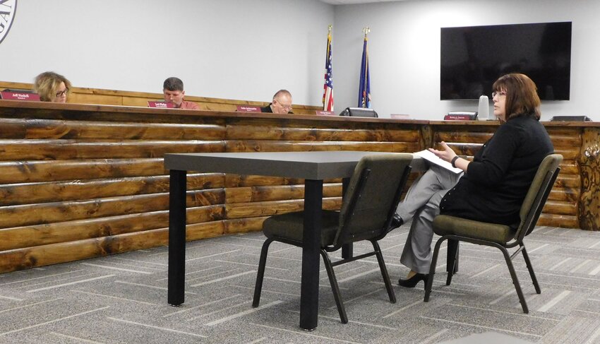 During the April 5 meeting of the BOC Committee of the Whole , Clare County Prosecutor Michelle Ambrozaitis reviews with commissioners the findings of a xxxx study which showed seven prosecutors were needed to handle Clare County&rsquo;s caseload.