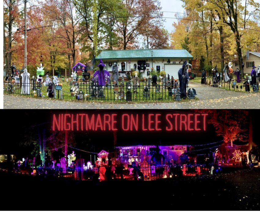 Day and night photos of the seasonal display on Lee Street in Harrison.