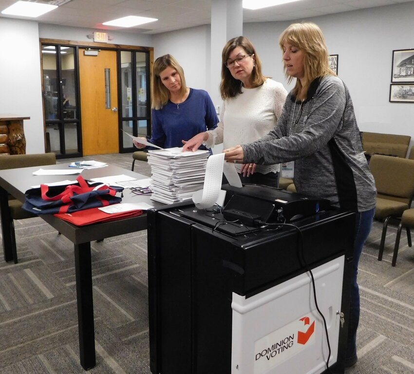The public accuracy testing at the Clare County Building voting site took place Friday, Feb. 9 in the Board of Commissioners Room. Pictured, from left, are treasurer Jenny Beemer-Fritzinger, judge Marcy Klaus, and clerk Lori Mott.