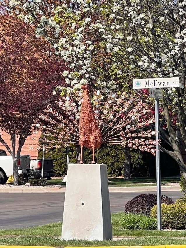 Penelope Peacock was created by Amy Biniecki to reflect on Michigan's copper mining and natural rocks and minerals. She stands proudly at the entrance to MyMichigan Medical Center - Clare.