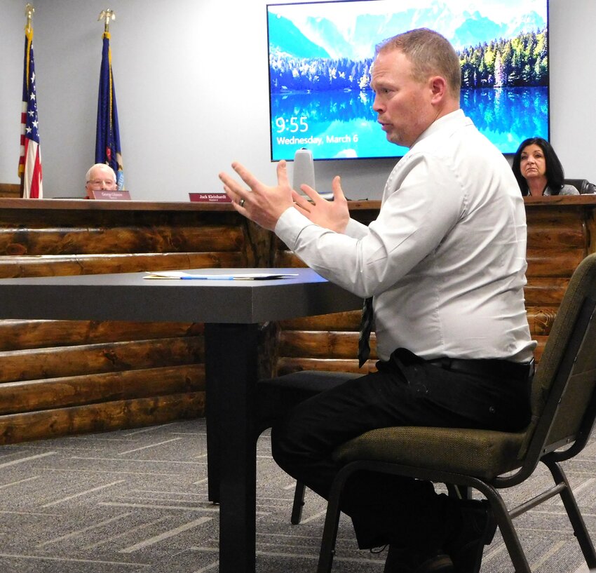 During the March 6 meeting of the Clare County Board of Commissioners Committee of the Whole, Judge Joshua Farrell presents the revised courthouse security plan as recommended by the Michigan Supreme Court.