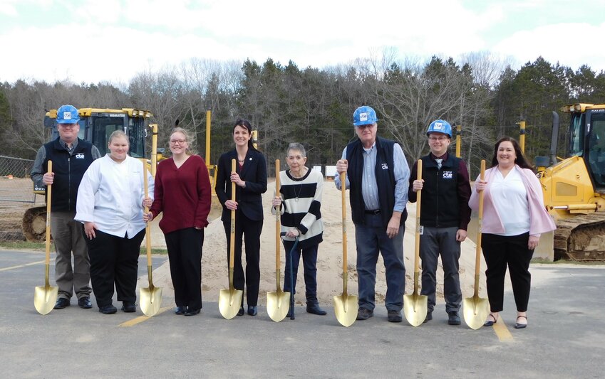 Wielding traditional gold shovels at the Clare-Gladwin RESD Career Education Center&rsquo;s April 5 groundbreaking ceremony are, from left, Clint Colosky, CTE coordinator; Jasmin Fischer and Emma Brown, CTE students; Tara Mager, CGRESD superintendent; Sue Murawski, CGRESD board president; Joe Magnus, distinguished honoree; Eric Johnson, director of CTE; and Sheryl Presler, retired CGRESD superintendent