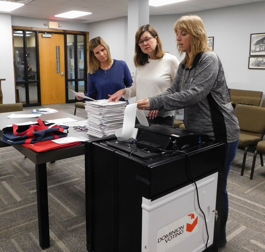 Clerk/Register Lori Mott, right, is pictured with Judge Marcy Klaus, center, and Treasurer Jenny Beemer-Fritzinger during the February 2024 public ballot testing in the Clare County Building.