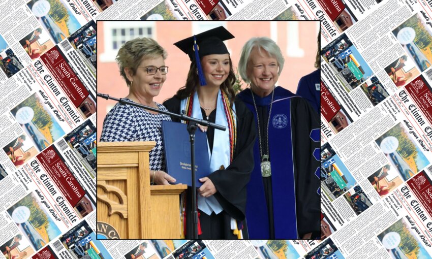 Ansley Crisp of Laurens is pictured with her mother, PC alumna Lisa Crisp '90 and PC president Dr. Anita Gustafson.