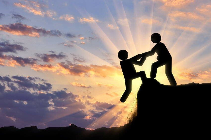 Helping hand concept. Human icon climber helping out another person climber