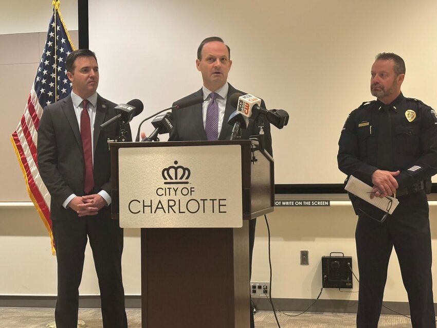 Attorney General Alan Wilson speaks at a news conference on Monday, May 12, 2025, in Charlotte, N.C., about an effort to hold WeChat, a Chinese messaging app, accountable for its role in the fentanyl trade. He’s accompanied by North Carolina Attorney General Jeff Jackson and Charlotte-Mecklenburg Police Lt. Robert Sprague. (Photo courtesy of Attorney General Alan Wilson’s Office)