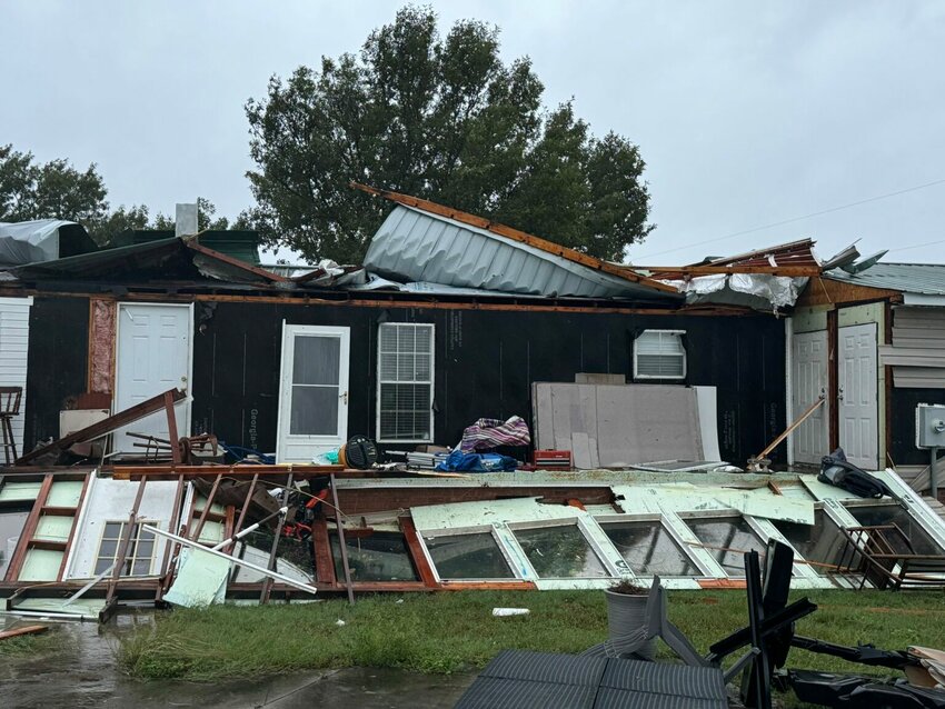 Winds from Tropical Storm Helene ripped the roof off this home in Williston, S.C., at 5 a.m. Friday, Sept. 27, 2024, and caused the sunroom and screened-in porch to collapse. (Provided by Emily Wiles)
