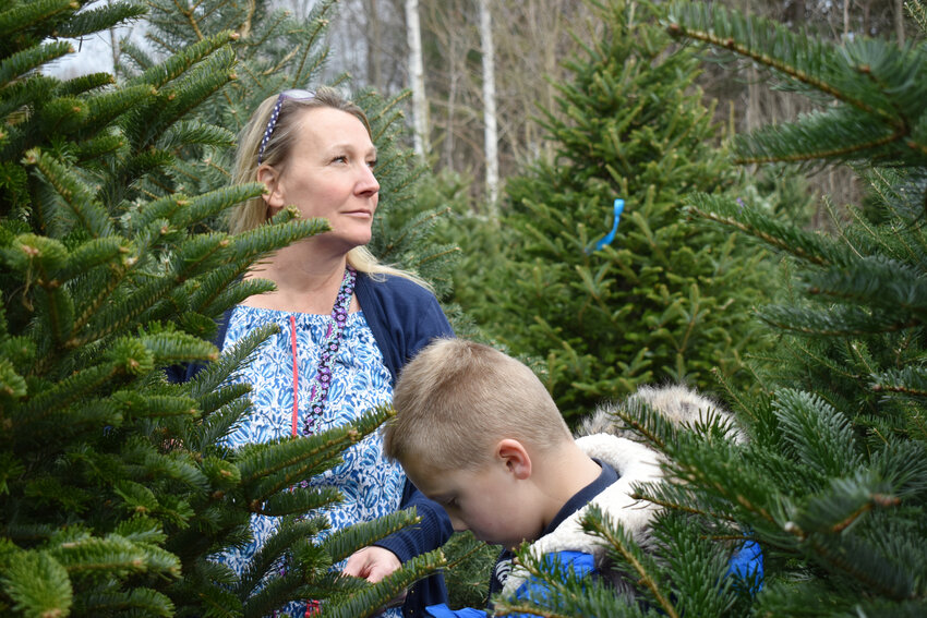 Melissa Bramley of Cortland hunts for a Christmas tree in 2019 at Lime Hollow Nature Center in Cortlandville with her son, Jack Bartholomew, then 9. The center's holiday tree sale begins Monday.