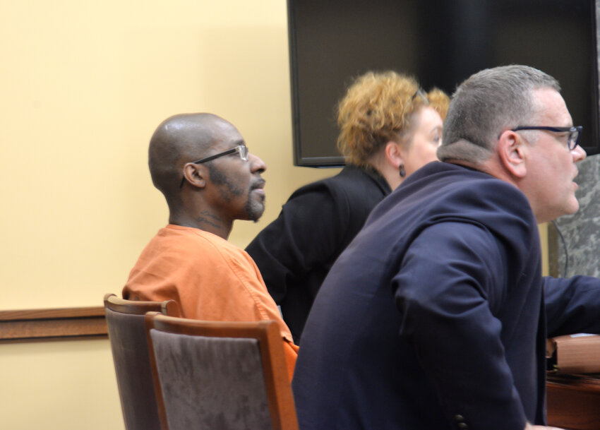 Tyshawn Pittman sits Thursday in a Cortland County Court conference chamber as lawyers are given instructions about how to conduct his upcoming trial. Pitman is charged with shooting a Cortland woman in December 2022 in a Main Street apartment, leading to an afternoon-long blockade downtown.