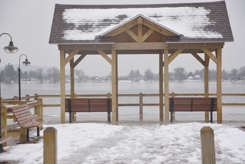The gazebo at Dwyer Memorial Park offers a sweeping view of Little Lake in Homer on Thursday afternoon. The lake had little ice Thursday, but expect snow and snow showers tonight and Saturday with lows around 10 degrees Friday and Saturday and a high of 19 Saturday.