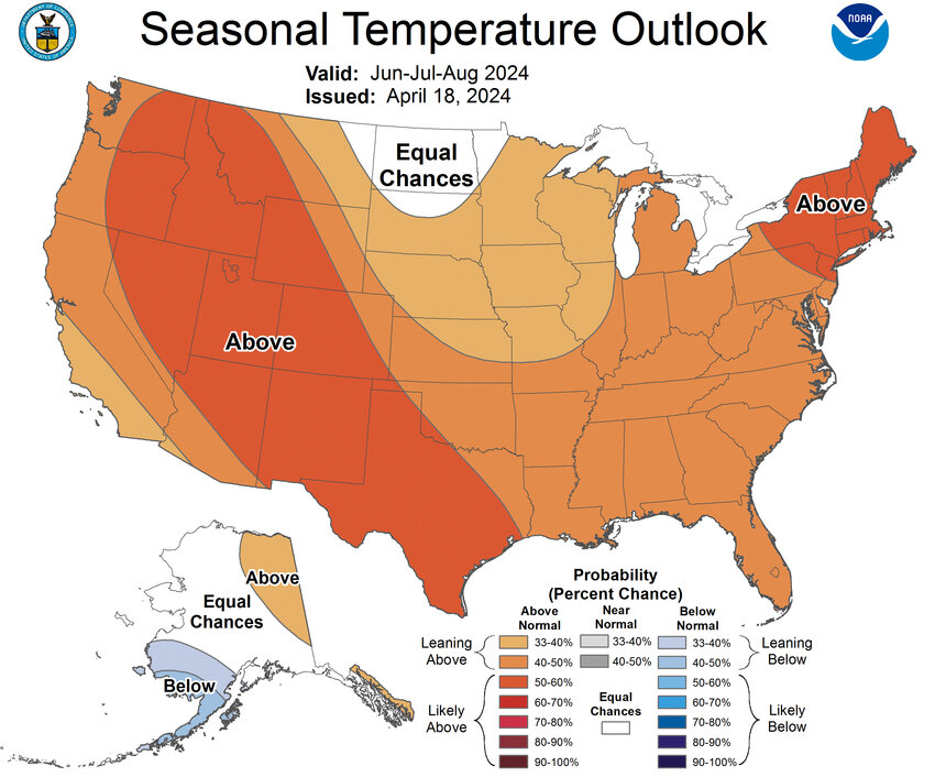 The greater Cortland area faces a 50% to 60% chance of warmer-than-normal weather this summer, as well as increased odds for a wet summer, and one punctuated by wildfire smoke from the west.