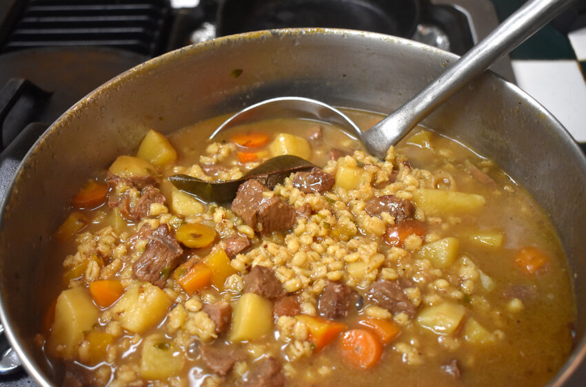 Beef barley stew is a bowl full of comfort. The barley absorbs much of the liquid, creating a creamy, if carby, texture.