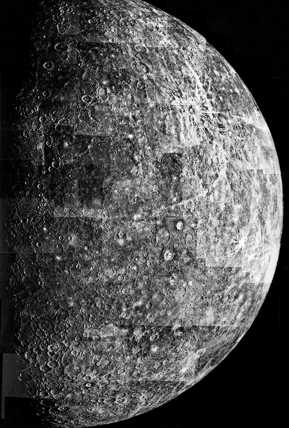 This mosaic by the Mariner 10 spacecraft was compiled March 29, 1974, taken as the spacecraft retreated from the planet. The 18 images show more of the planet's illuminated surface.