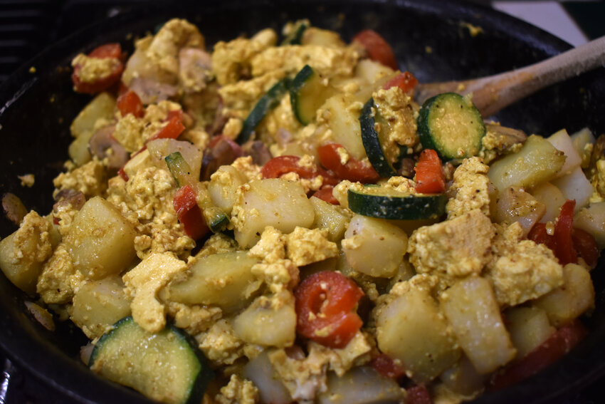 Think frittata, but with tofu instead of eggs. It's a good way to get the flavor -- and nutrition -- without having to pay high egg prices.
