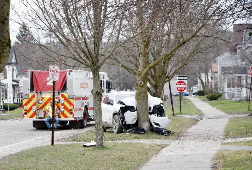 A vehicle struck a tree Thursday afternoon after a one-vehicle crash on Cayuga Street in Homer, next to the Homer First United Methodist Church. The crash occurred about 2:41 p.m., not long before students at the nearby Homer Elementary School were released at the end of the school day. Police Chief Robert Pitman said a 20-year-old woman was driving the white Jeep eastbound when the vehicle crossed the road and struck the tree. Police are still investigating. Pitman said. She was taken TLC Emergency Medical Services ambulance to Guthrie Cortland Medical Center for treatment of injuries that were not believed to be life threatening, Pitman said.