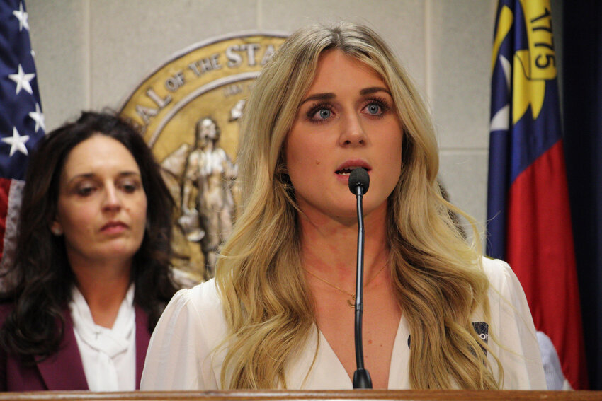 Former collegiate swimmer Riley Gaines speaks at a news conference about excluding transgender athletes from sports before North Carolina's House passed legislation to ban them from joining female sports teams in middle school, high school and college. Gaines announced she will speak Friday at SUNY Cortland.