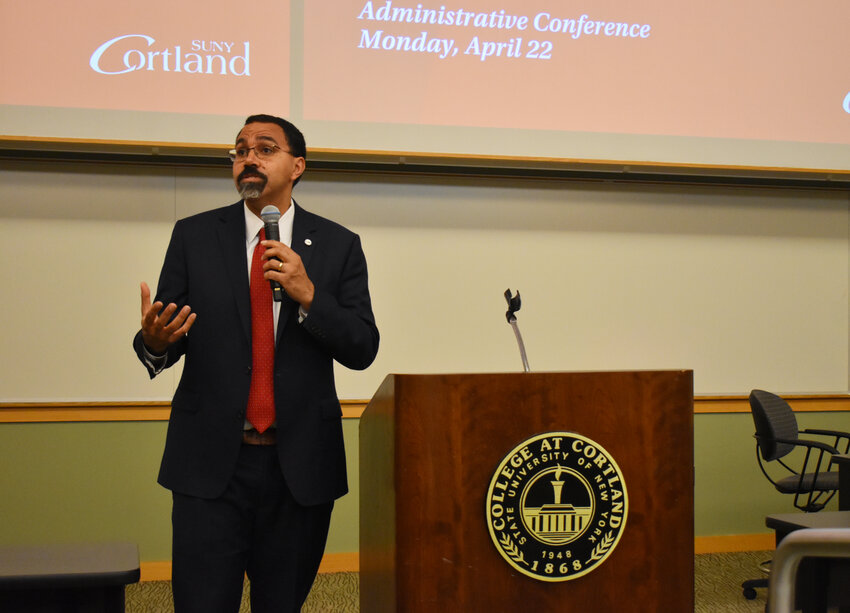 SUNY Chancellor John B. King, Jr., talks about sustainability efforts at an administrative conference Monday at SUNY Cortland. His appearance followed an event at which a tree was plant in front of Sperry Hall.