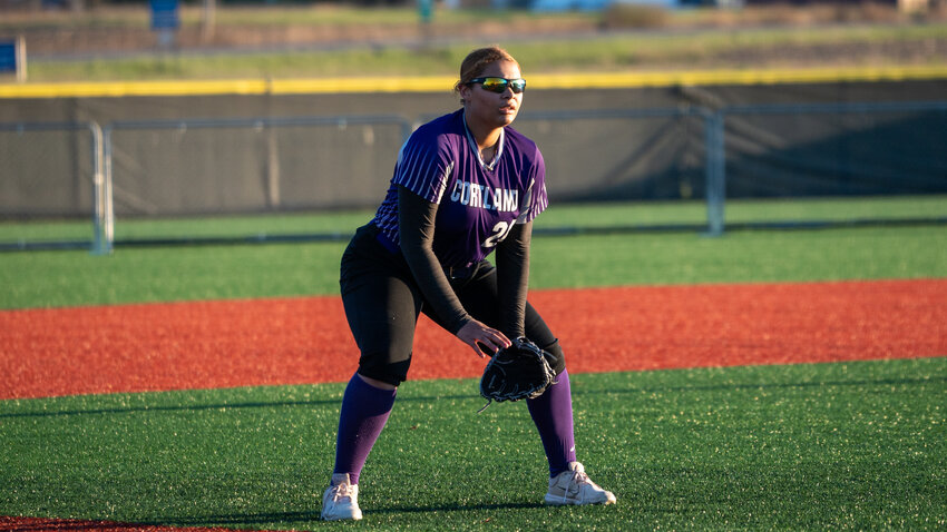Cortland’s Madalyn Thompson stands in a ready position at third base Thursday at Gutchess Lumber Sports Complex.