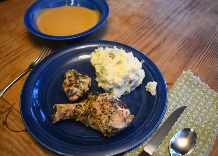 How to turn a simple, hum-drum meal into a simple, tasty one? An herb sauce for the chicken, mashed potatoes made with buttermilk for a bit of tang, and a great carrot soup.