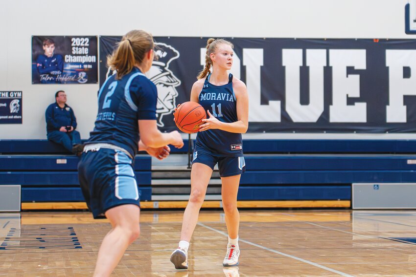 Moravia’s Jordan Smith, center, controls the ball earlier this season. Smith is the Cortland Standard’s March Athlete of the Month, sponsored by the Royal Auto Group.