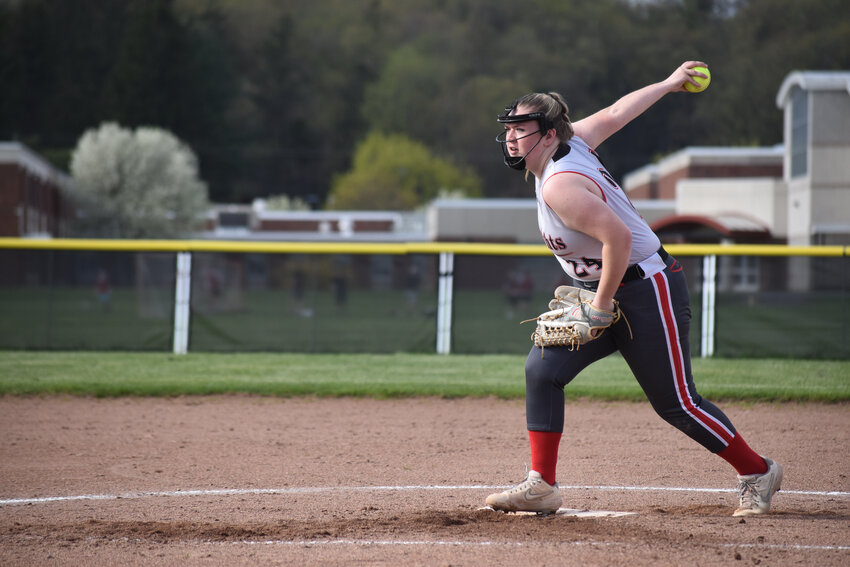 Tully's Hayley Brenchley winds up to deliver a pitch Wednesday at Tully High School. Brenchley tossed all seven innings in a 6-2 loss to A-P-W.
