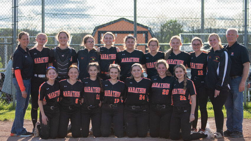 The Marathon softball team poses for a photo following a win over Moravia Thursday at Appleby Elementary School. The Olympians beat the Blue Devils 5-4.