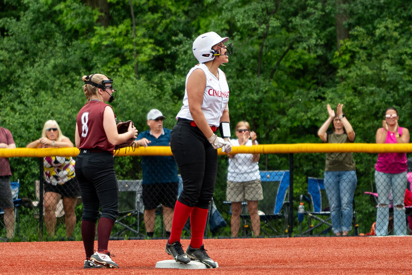 Cincinnatus' Addison Stith celebrates after hitting a double Saturday at Carrier Park.