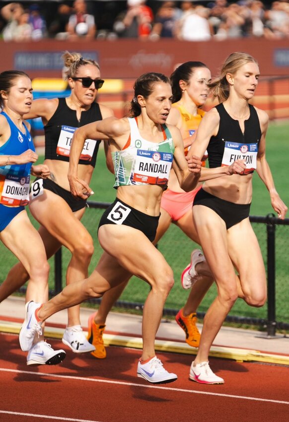Jenn Randall, center, competes in the U.S. Track & Field Olympic Trials at Hayward Field in Eugene, Oregon in late June.