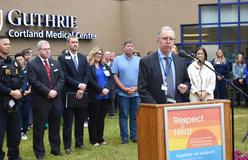 Dr. Martin Sabanegh, president and CEO of the Guthrie network, talks Wednesday at Guthrie Cortland Medical Center about the health system joining a consortium of health groups to lobby for increased protection from violence against healthcare workers.