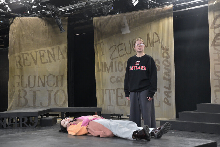 Ann Marie Thorell, right, and Olivia Celis rehearse the opening scene of "Eleemosynary." The show opens tonight at Cortland Repertory Theatre.