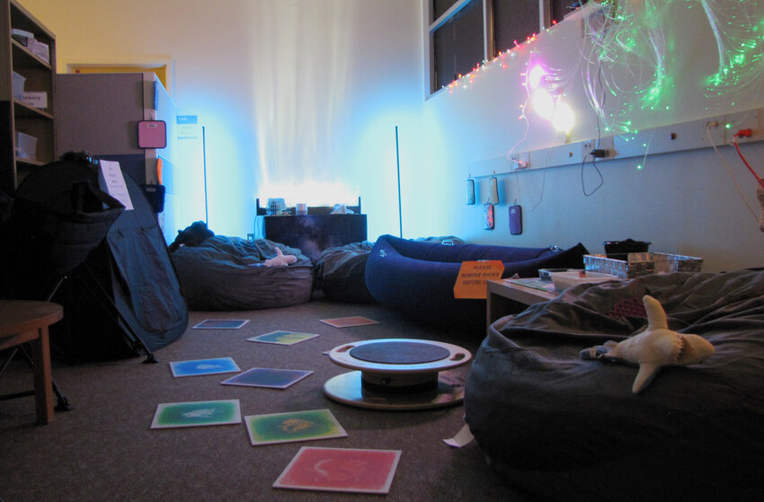 This space at Tompkins Cortland Community College features sensory tiles, fidget devices and other tools to help students who are neuro-diverse.