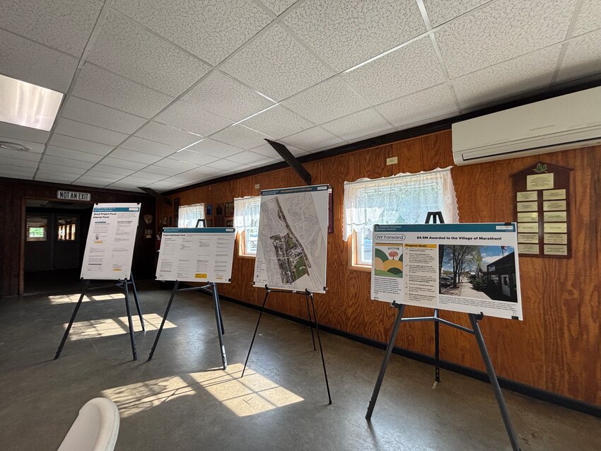 Infographics and charts are set up in the Civic Center for the public planning meeting.