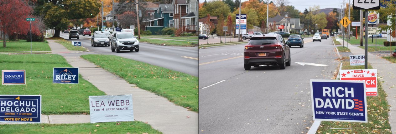 Left: Lawn signs for Democratic candidates sit in a yard Wednesday on Groton Avenue in Cortland. Right: Lawn signs for Republican candidates line Route 222 in Cortlandville on Wednesday. Early voting in the general election begins Oct. 29.