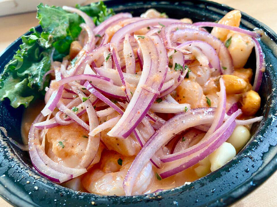 Shrimp and swai white fillet ceviche from The Lomo Truck in Woodland Park, N.J. Ceviches has any number of variants throughout the Spanish-speaking world; the best is the one you grew up with.