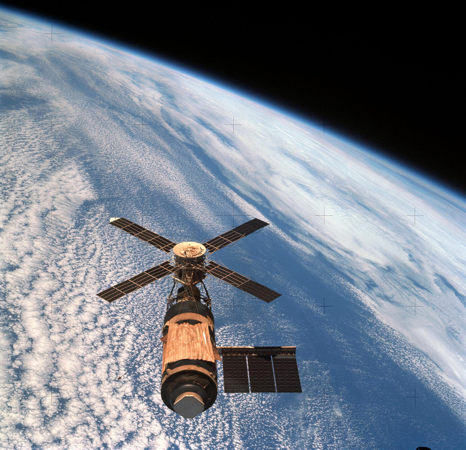 Skylab orbits the Earth in 1974. The converted rocket booster orbited the planet as a laboratory for five years.