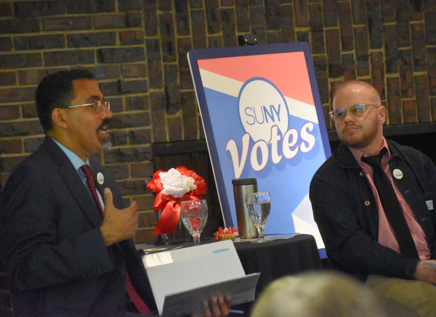 State University of New York Chancellor John B. King leads a panel discussion Tuesday, including Assistant Professor Joseph Anthony on student voting, voter suppression and how to improve voter turnout, as part of the college's Constitution Day.