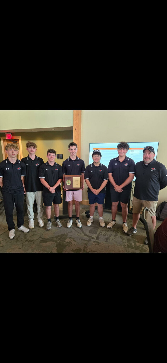 The Groton boys golf team poses with the Section IV Class D championship plaque.