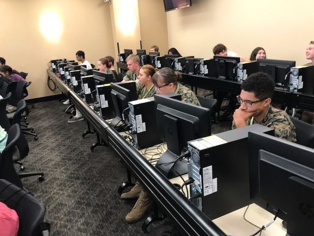 Cadets of the Michigan City High School Marine Corps Junior Reserve Officer Training Corps participate in the 2018 Cyber Camp at Purdue University Northwest in Hammond.
