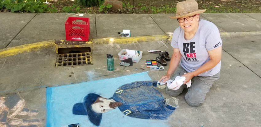 Artists and board members from Athens Arts Gallery visited the General Lew Wallace Study &amp; Museum this week and created Lew Wallace-related chalk art to celebrate the museum&rsquo;s reopening to the public. Pictured is Mary Lou Dawald.