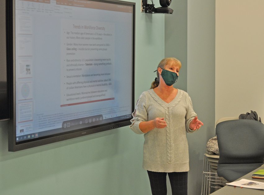 Margaret Howden teaches a business administration class at Ivy Tech Community College in Crawfordsville. The campus has added new classrooms and technology since reopening after being shut down due to the coronavirus pandemic.